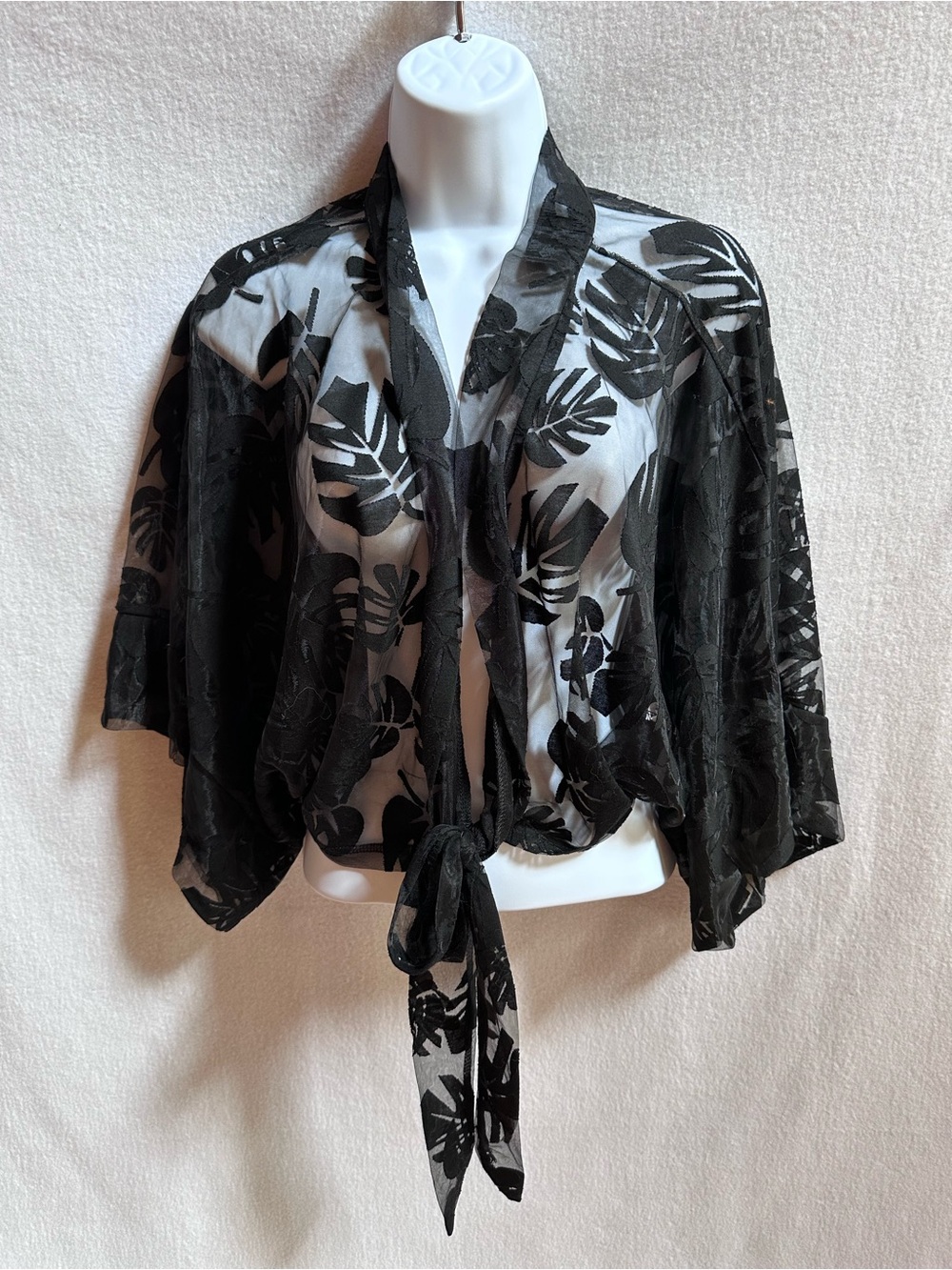 Ember Black Sheer Burnout Velvet Palm Leaf Tie Front Kimono Cardigan Shrug M